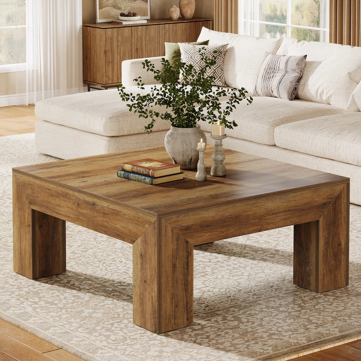 Tribesigns Farmhouse Square Wood Coffee Table With Sturdy Legs