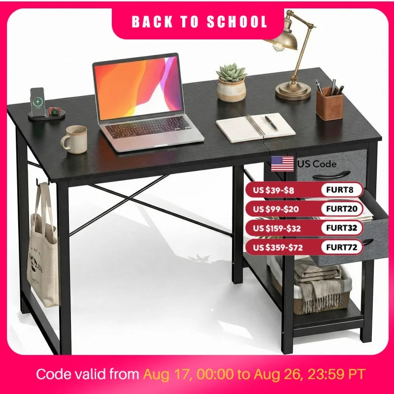 JHK 47IN Computer Desk with 2 Drawers For Study Office Gaming Wood Table with Adjustable Position Drawers Modern Work Table