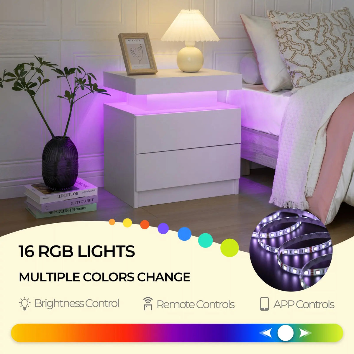 Cubehom LED Nightstands With 2 Drawers RGB Lights For Bedroom