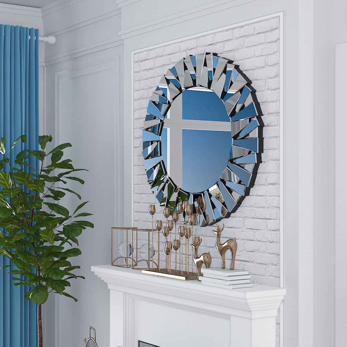 Sunburst Wall Mirror Round Beveled Decorative Hanging Glass Accent Art