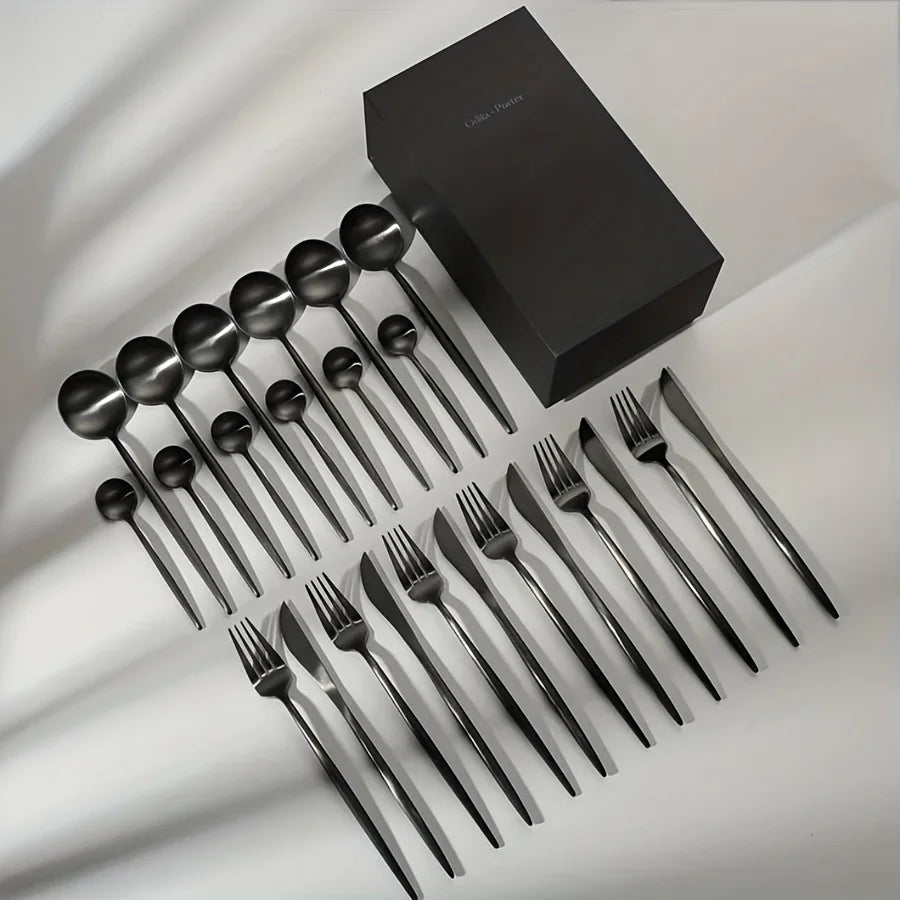 24-Piece Silverware Set for 6, Stainless Steel Flatware Set Matte Black , Modern Brushed Thick Cutlery Set with Spoons Forks