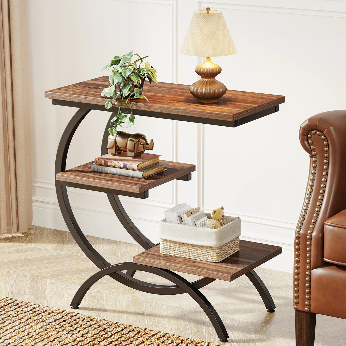 Tribesigns Industrial C Shaped Three Tier Metal End Table Desk