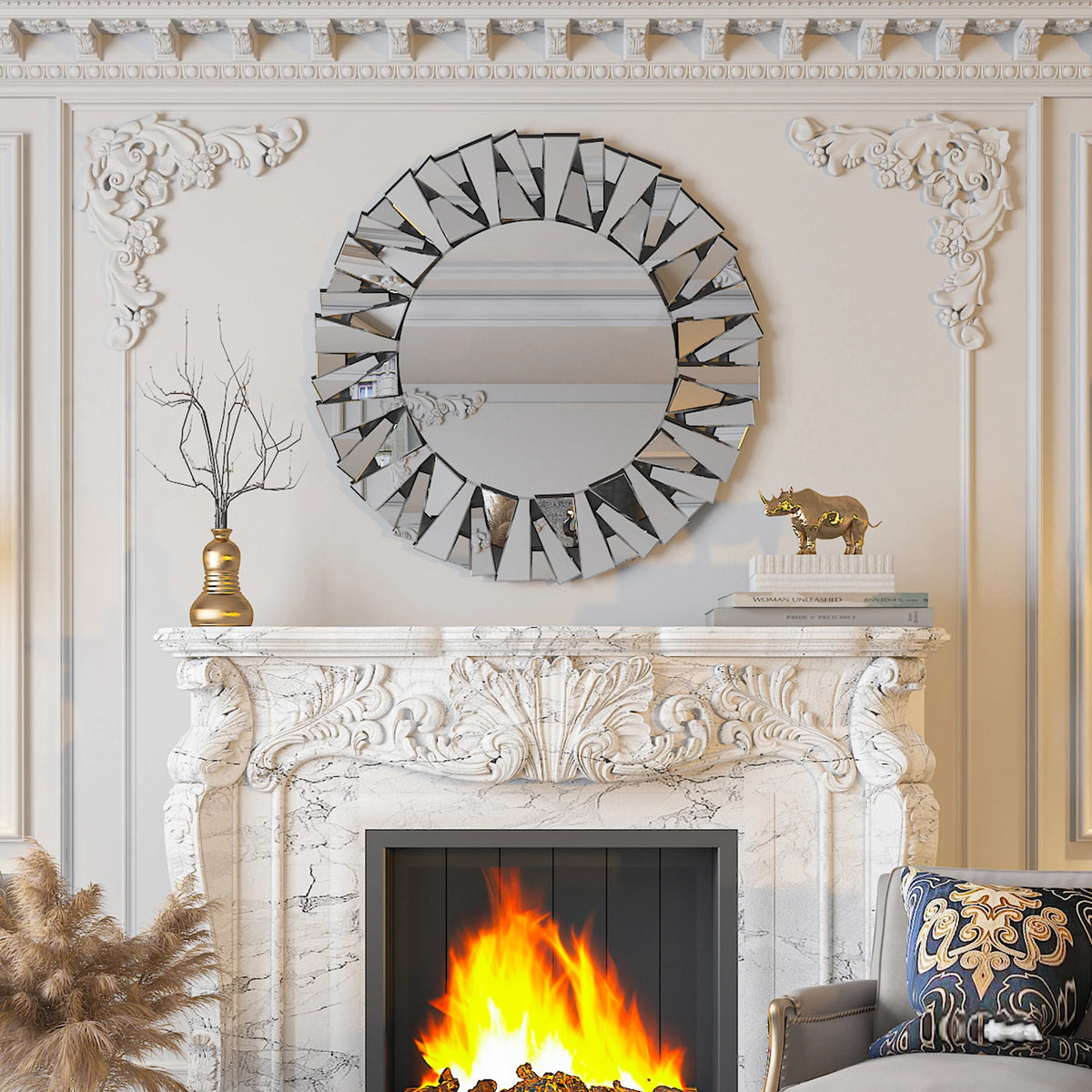 Sunburst Wall Mirror Round Beveled Decorative Hanging Glass Accent Art