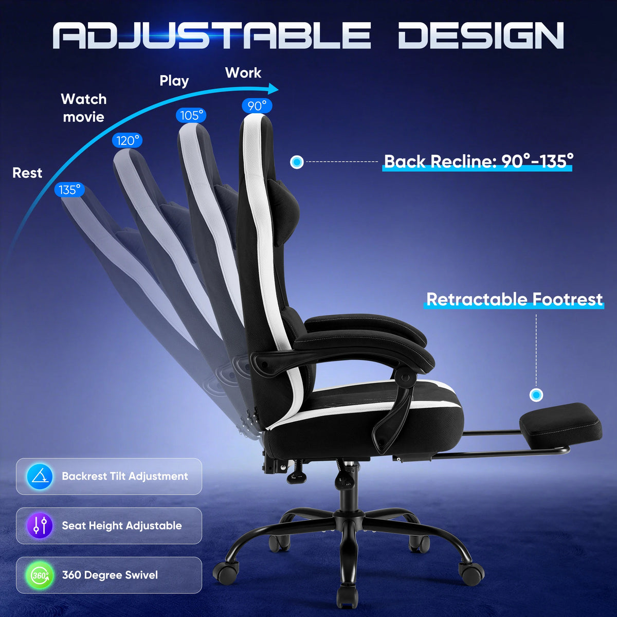 JHK Ergonomic Computer Gaming Chair Height Adjustable 360° Swivel with Headrest Lumbar Support Linkage Armrests For Office Home
