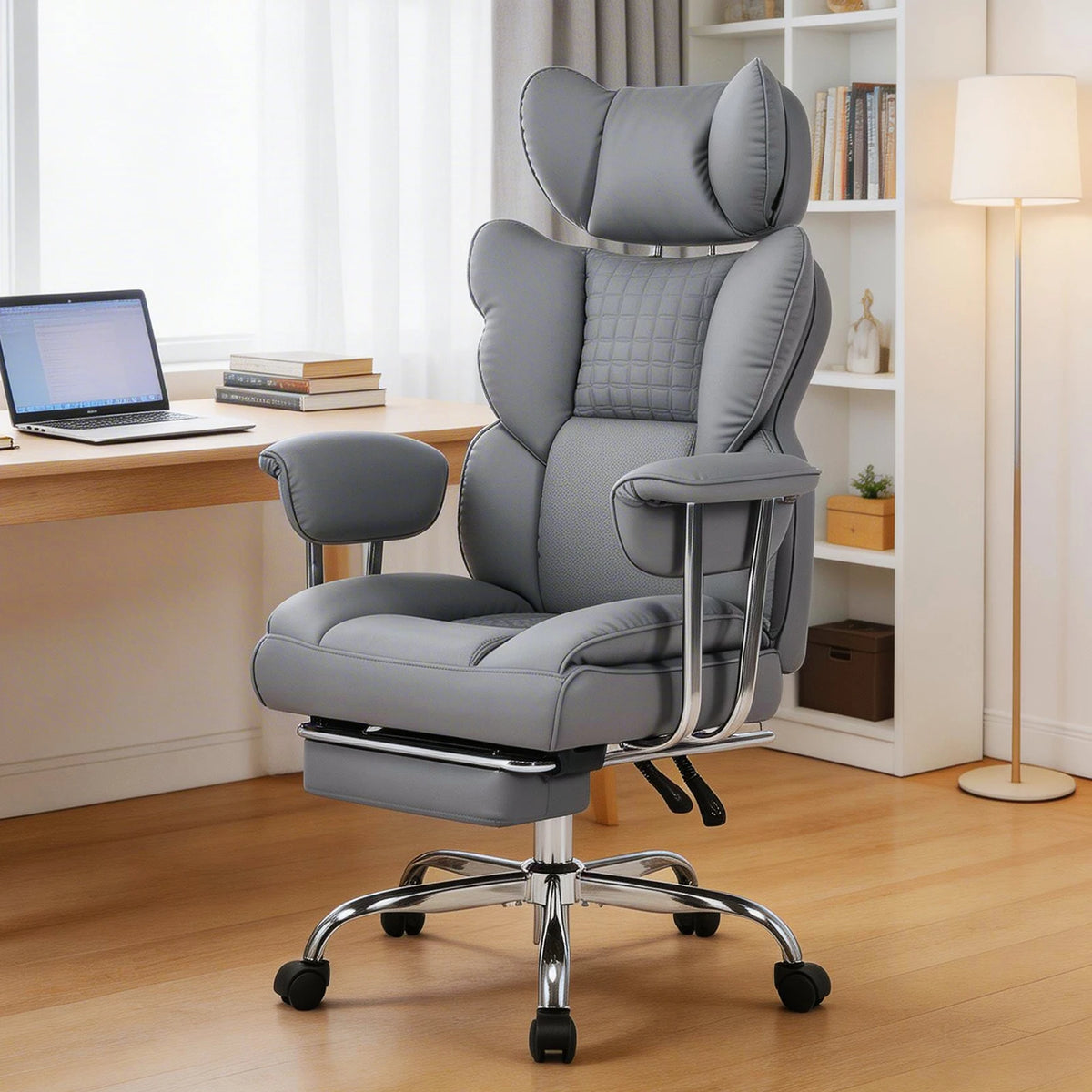 JHK Ergonomic Fixed Armrest Reclining Computer Chair with Pocket PU Leather 350 LBS Office Chair with Footrest Height Adjustable Swivel Wide Seating for Home Office