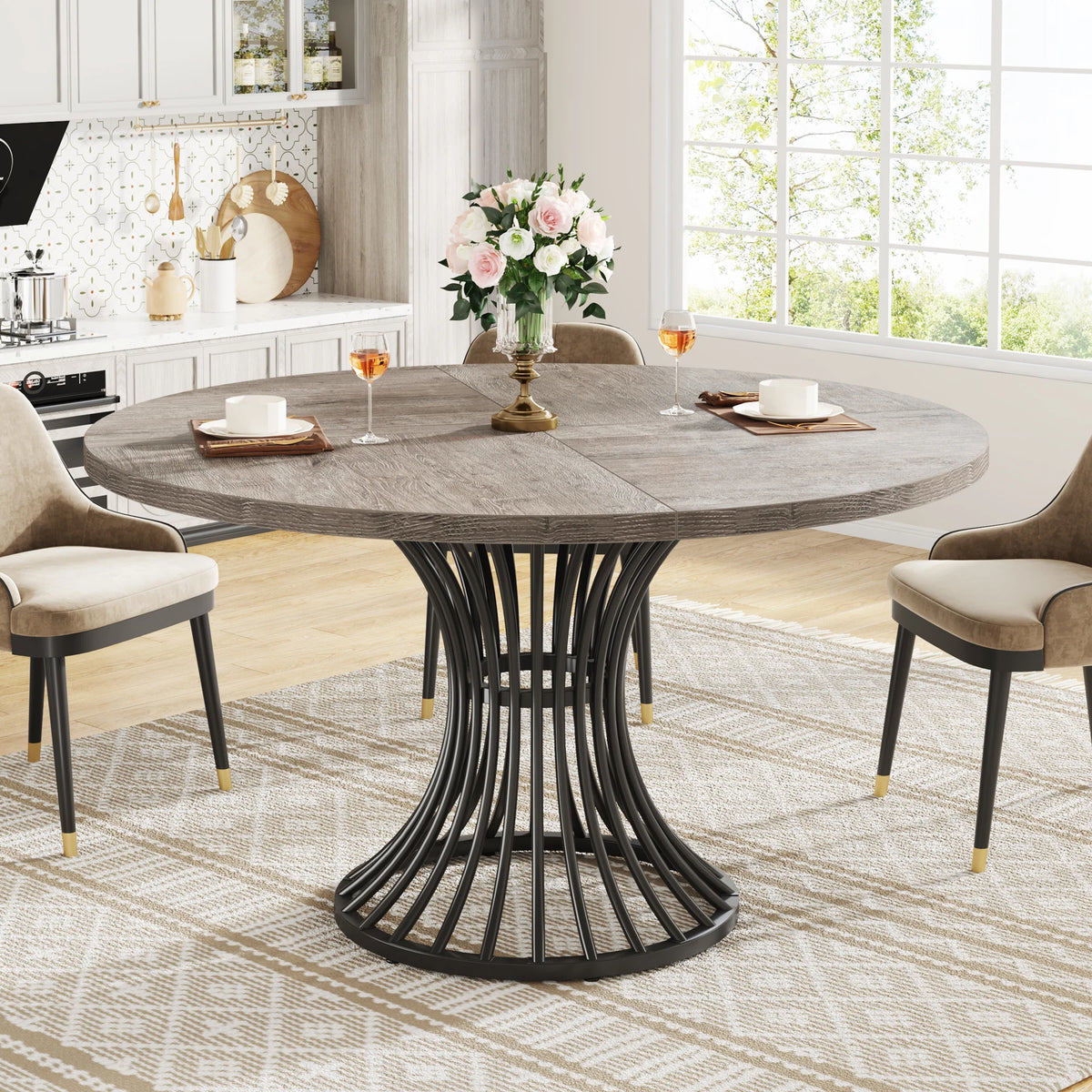 Tribesigns Round Dining Table for 4-6 People, 47-Inch Farmhouse Dinning Room Table Circle Kitchen Table, Industrial Dinner Table