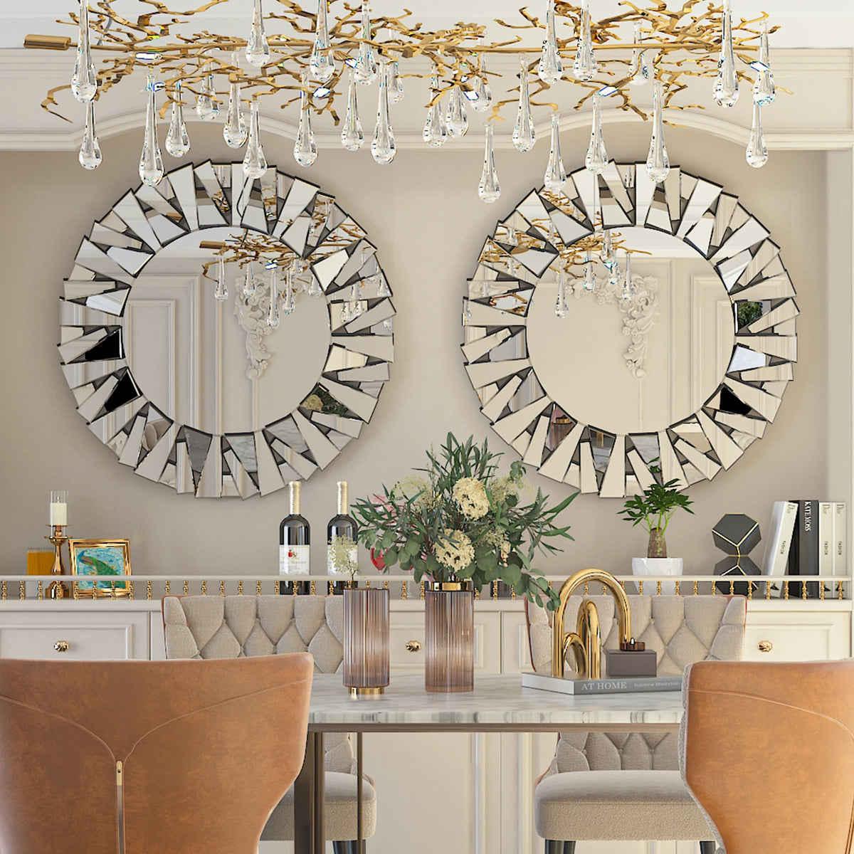 Sunburst Wall Mirror Round Beveled Decorative Hanging Glass Accent Art