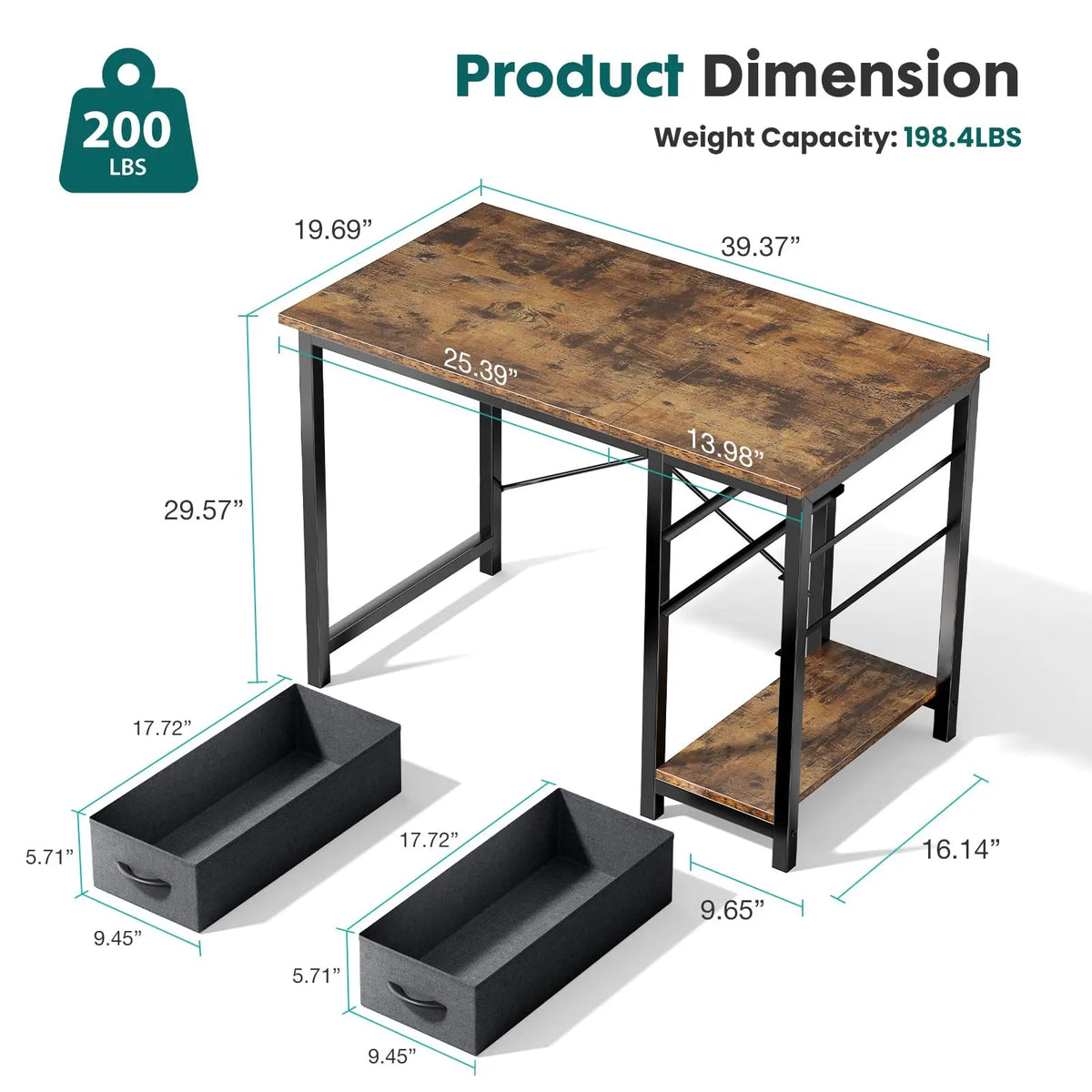 JHK 47IN Computer Desk with 2 Drawers For Study Office Gaming Wood Table with Adjustable Position Drawers Modern Work Table