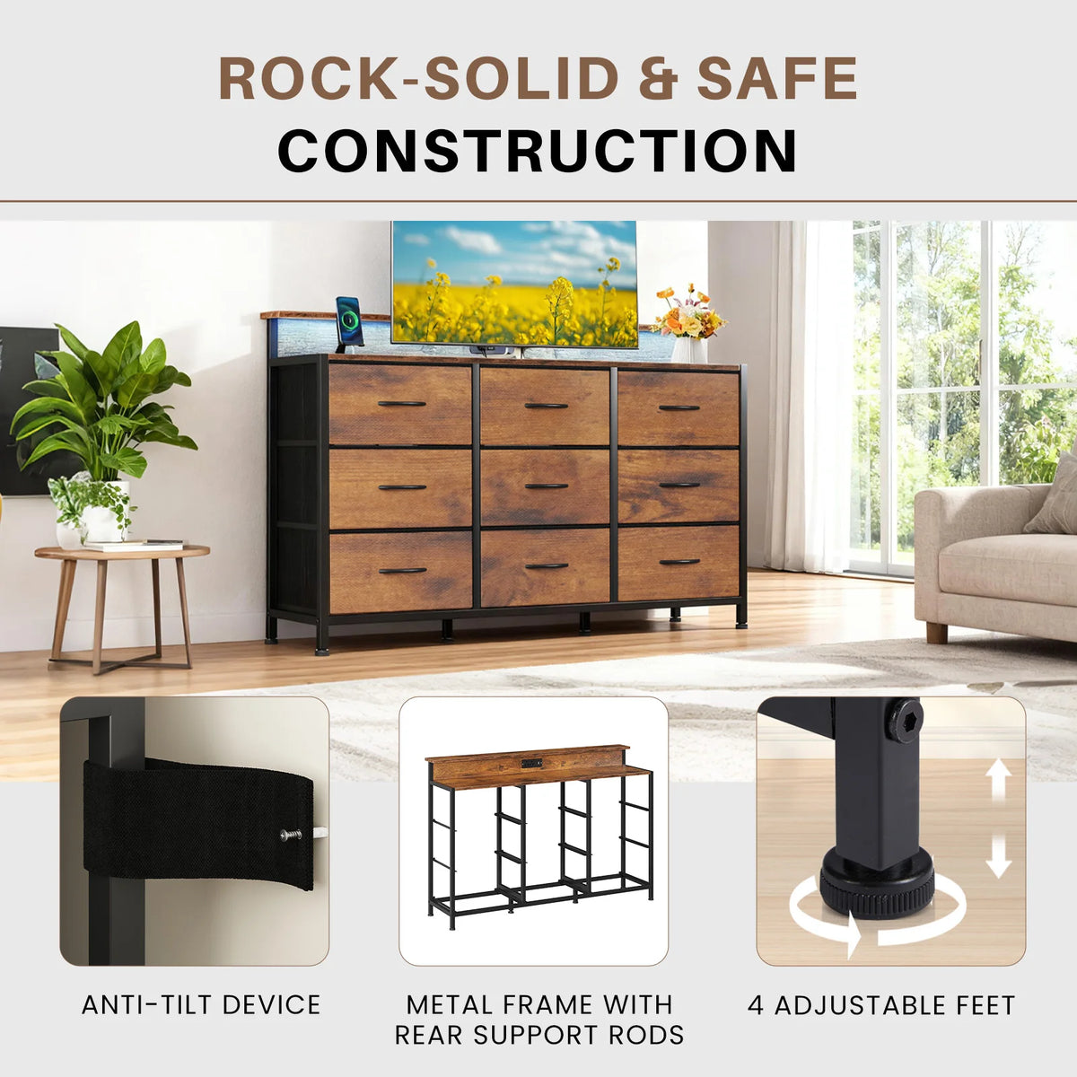 MCQ Modern Media Console TV Stand With Fabric Drawers
