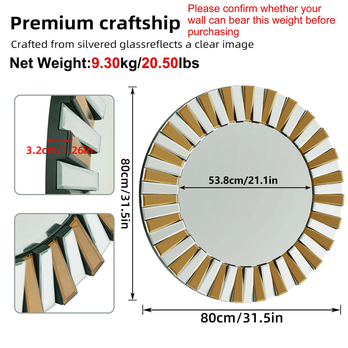 Elegant Round Starburst Decorative Wall Mirror For Living Room
