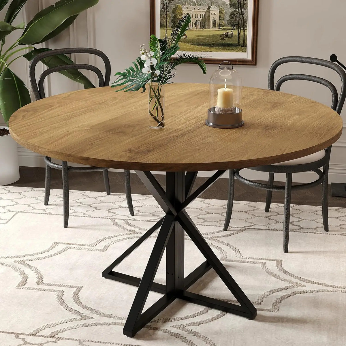 TWISTER.CK Modern Round Dining Table Wood Top Metal Pedestal