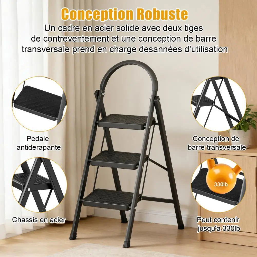 3 Step Ladder Folding Step Stool Multi-Purpose Collapsible Ladder for Home or RV Outdoor Work Heavy Duty 330 lbs Load