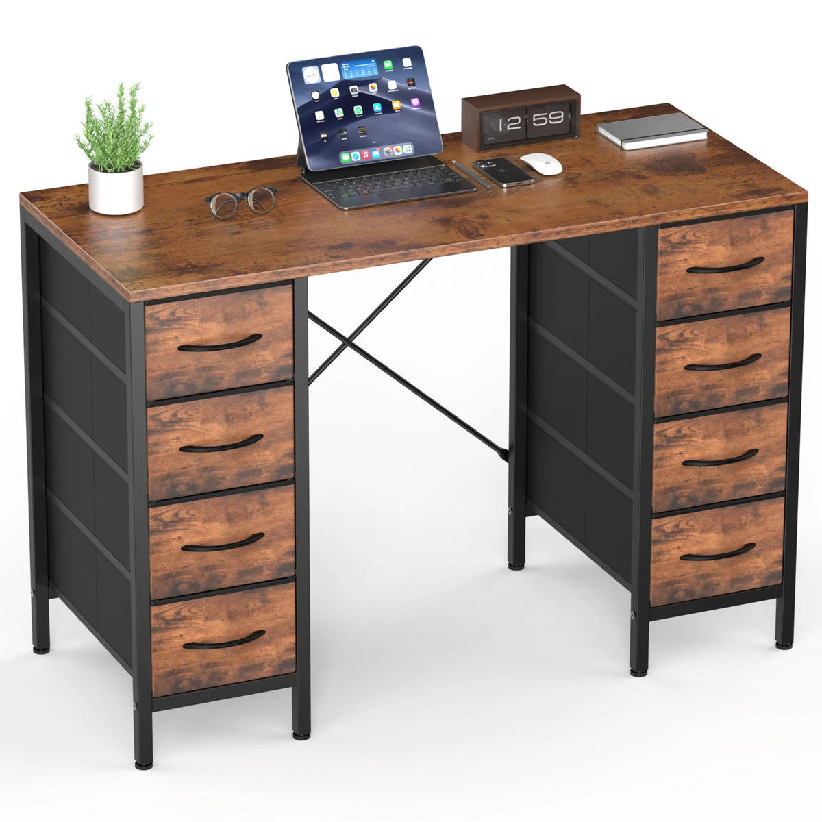 JHK 47 Inch Computer Desk with 8 Fabric Drawers Office Gaming Desk Writing Study Table with X-Shaped Reinforced Structure