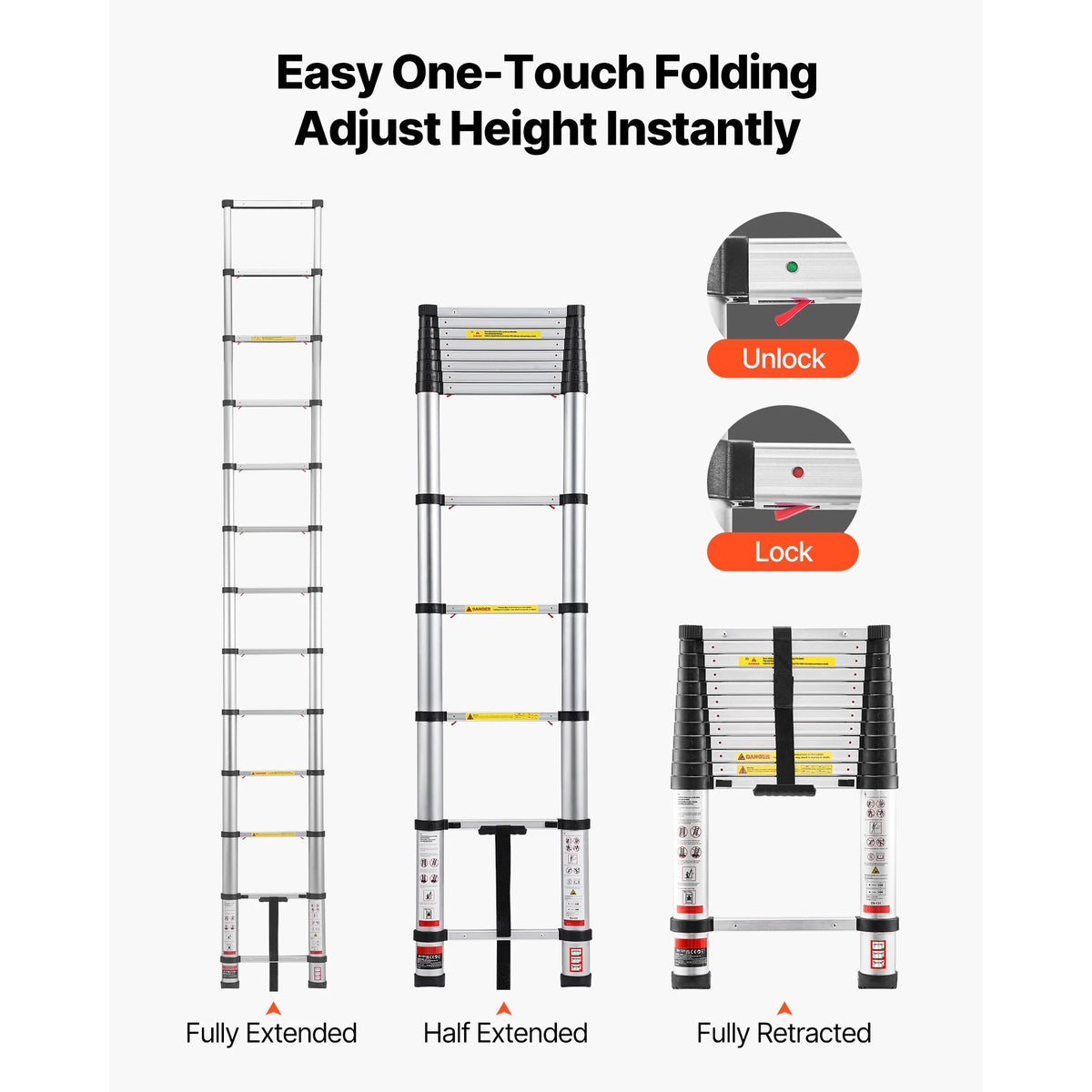 SucceBuy 12.5ft Telescoping Ladder One-Touch Retraction Ladder 330LBS Max Capacity with Non-Slip Feet for Home Outdoor Work Loft