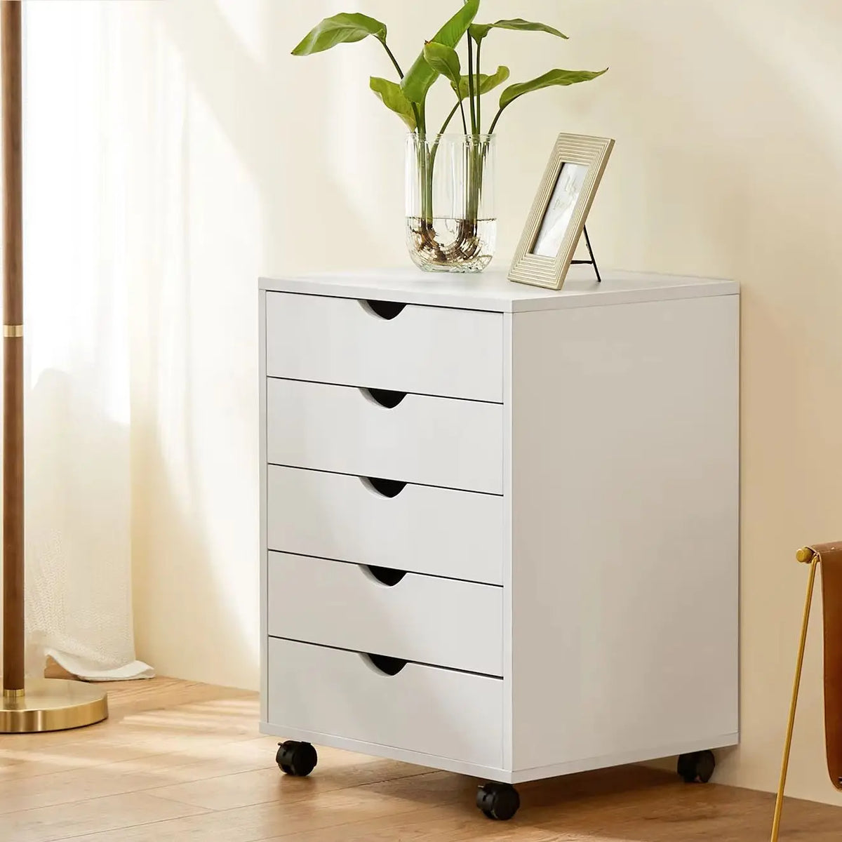 JHK Wood Nightstand Cabinet With Five Drawers And Wheels