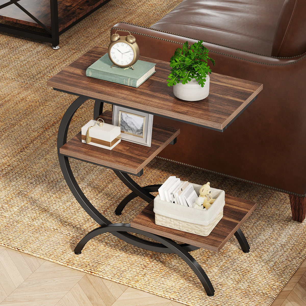 Tribesigns Industrial C Shaped Three Tier Metal End Table Desk