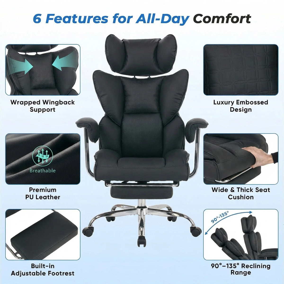 JHK Ergonomic Fixed Armrest Reclining Computer Chair with Pocket PU Leather 350 LBS Office Chair with Footrest Height Adjustable Swivel Wide Seating for Home Office