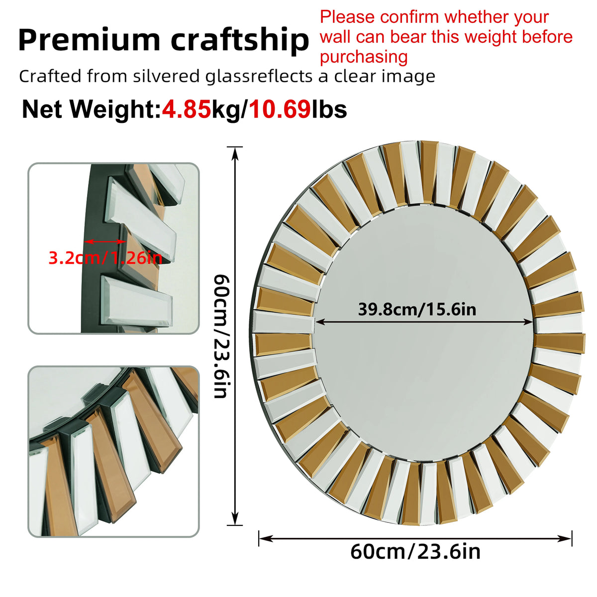 Elegant Round Starburst Decorative Wall Mirror For Living Room
