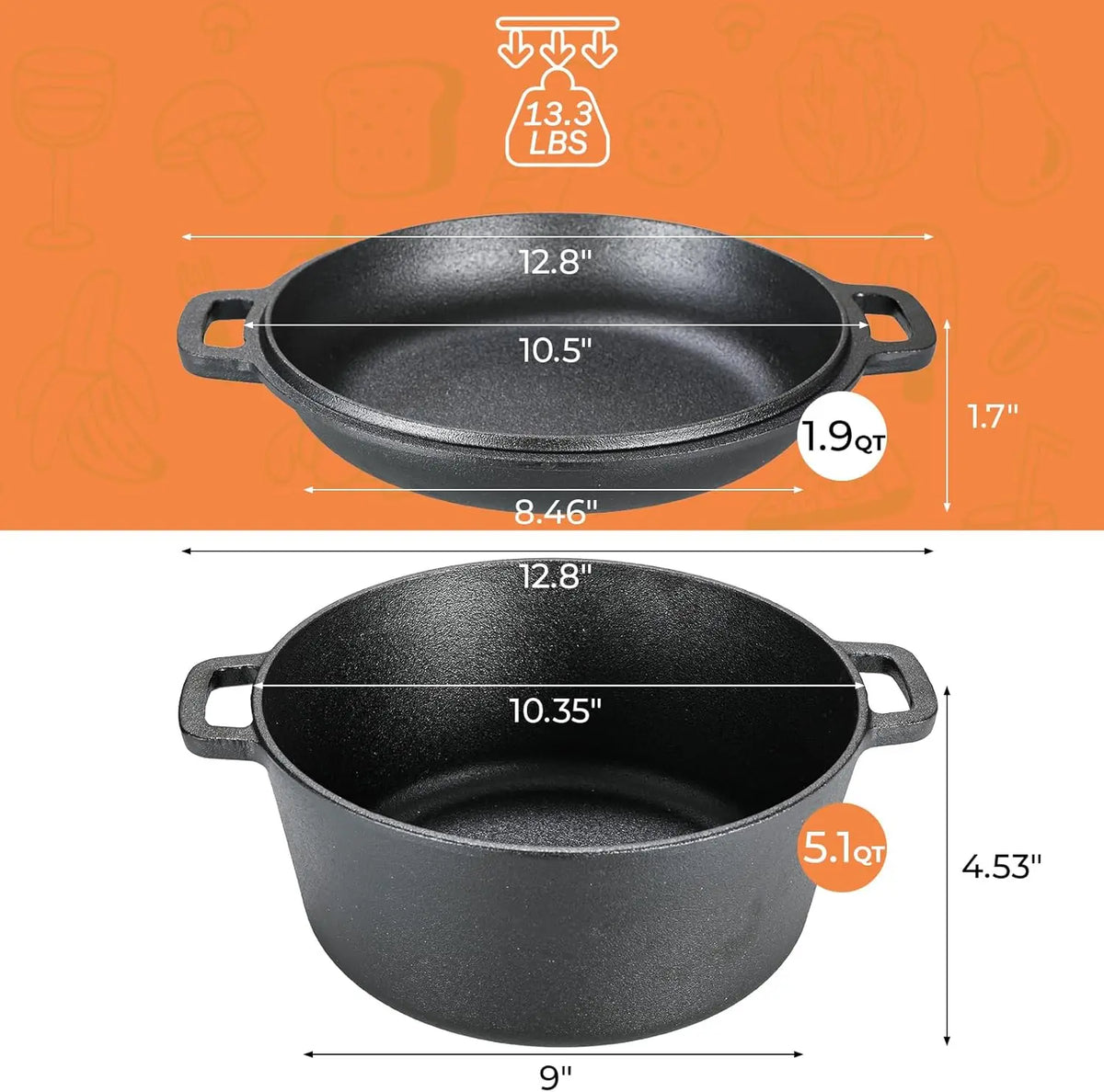 Pre Seasoned Cast Iron Double Dutch Oven With Loop Handles