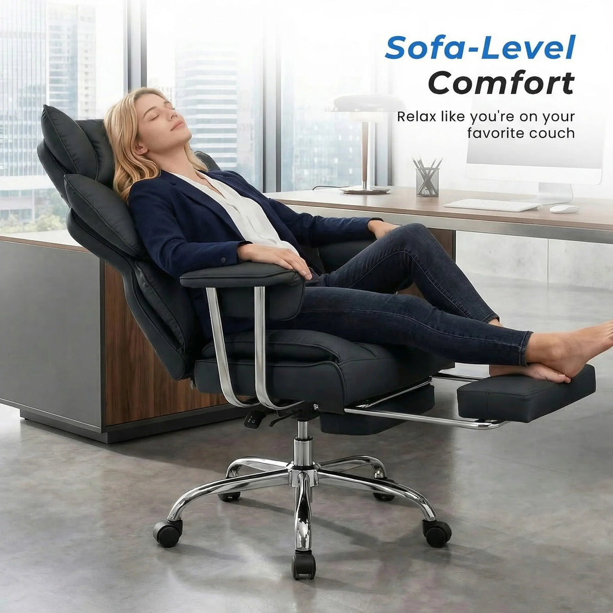 JHK Ergonomic Fixed Armrest Reclining Computer Chair with Pocket PU Leather 350 LBS Office Chair with Footrest Height Adjustable Swivel Wide Seating for Home Office