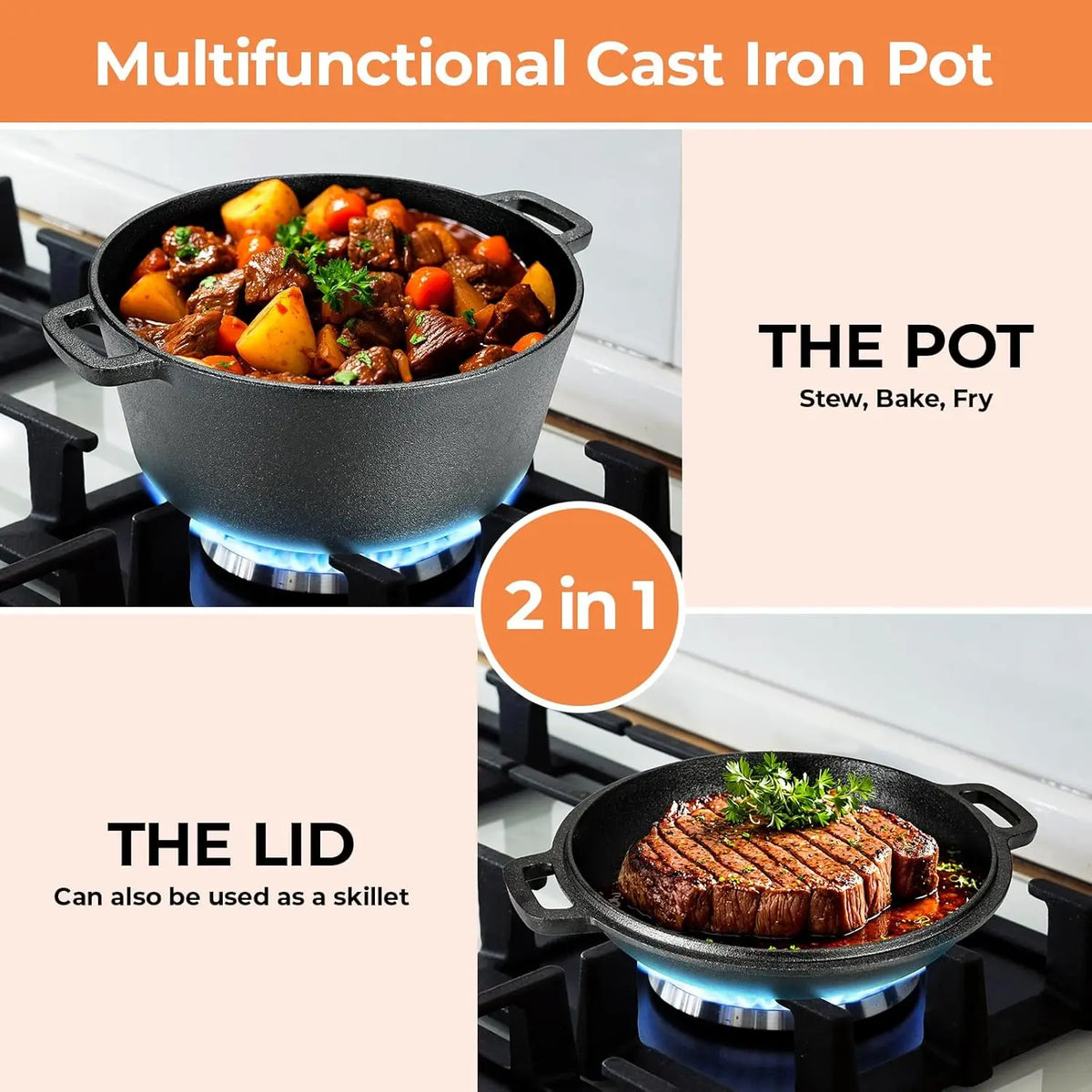 Pre Seasoned Cast Iron Double Dutch Oven With Loop Handles
