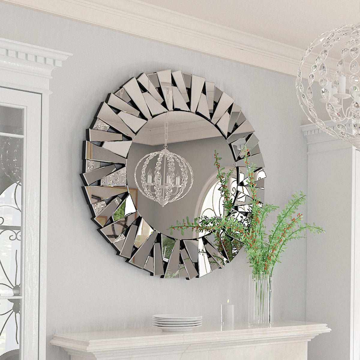 Sunburst Wall Mirror Round Beveled Decorative Hanging Glass Accent Art