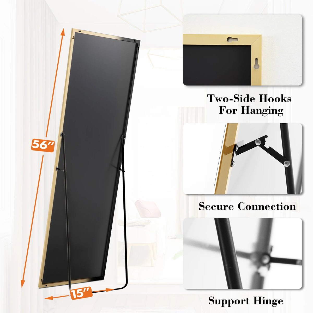 JHK Full Length Floor Mirror With Stand Aluminum Frame