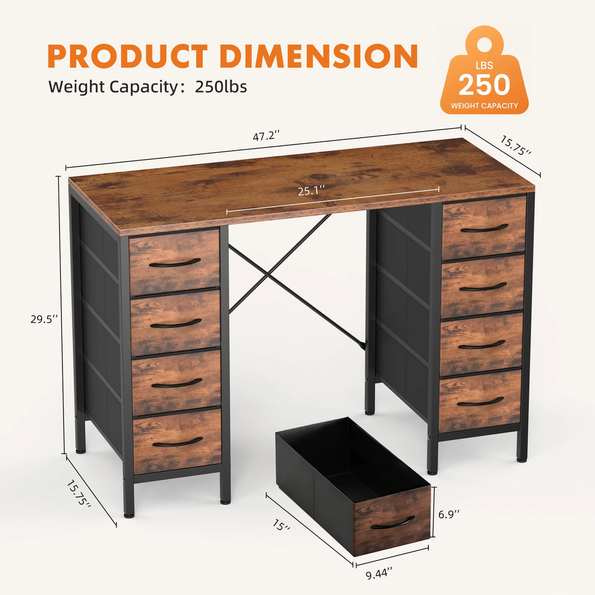 JHK 47 Inch Computer Desk with 8 Fabric Drawers Office Gaming Desk Writing Study Table with X-Shaped Reinforced Structure