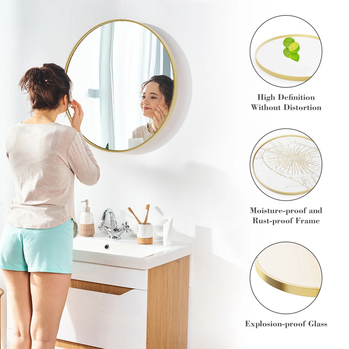JHK Modern Round Wall Mirror With Sleek Matte Metal Frame