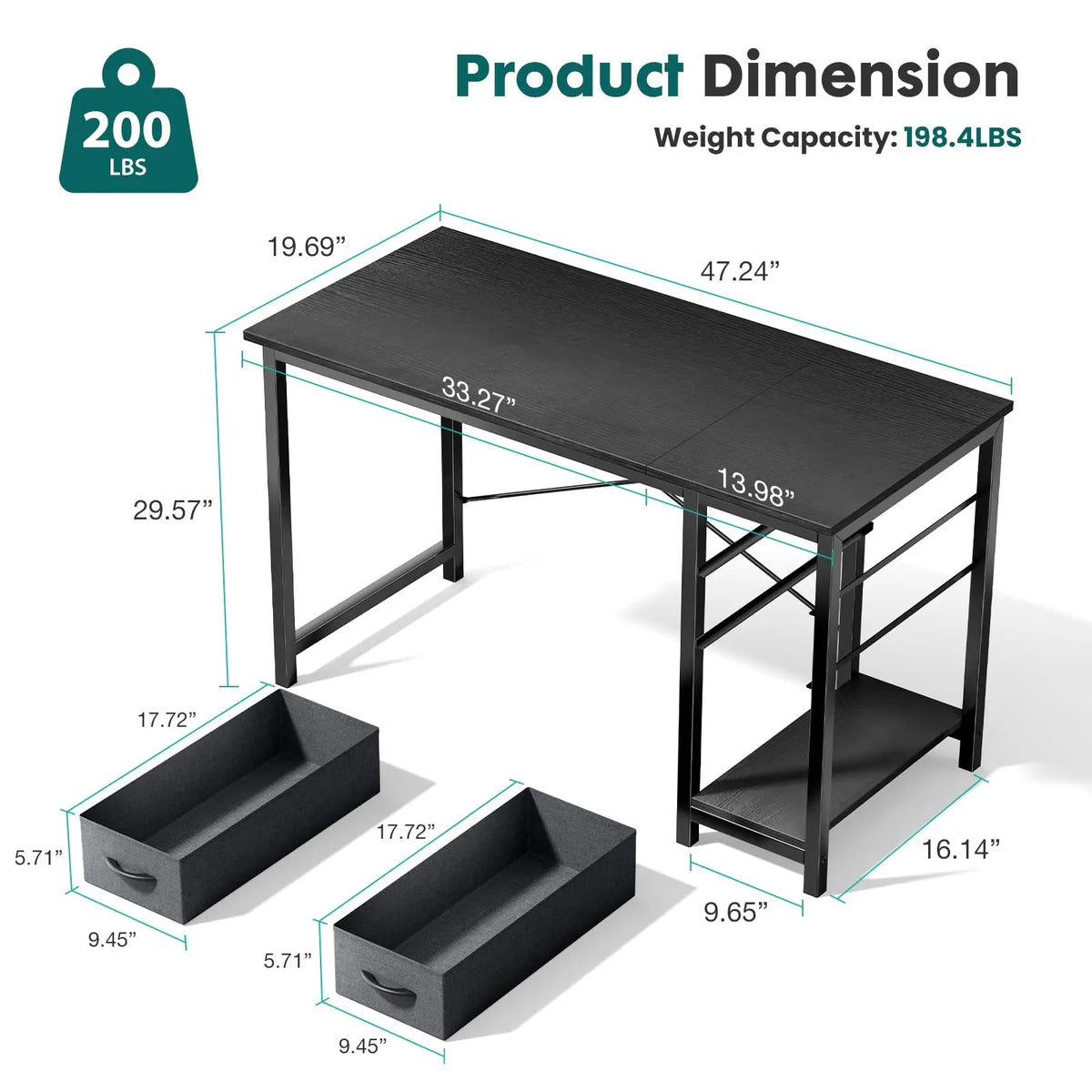 JHK 47IN Computer Desk with 2 Drawers For Study Office Gaming Wood Table with Adjustable Position Drawers Modern Work Table