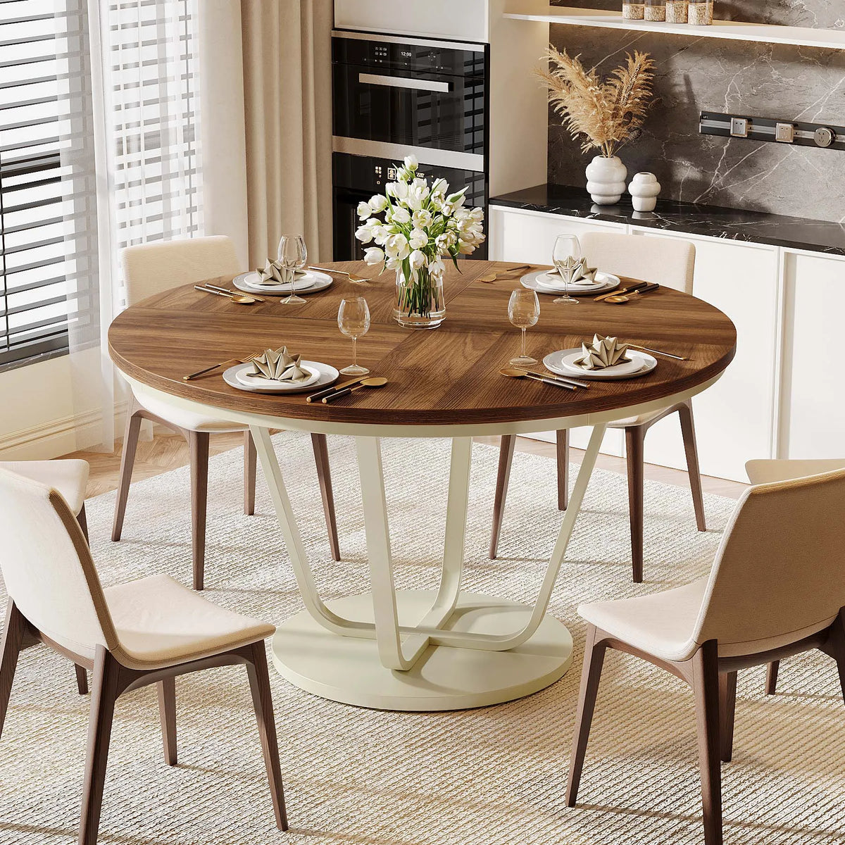 Tribesigns Round Dining Table, 47-Inch Wood Large Farmhouse and Modern Kitchen Table for 4-6 People with Gray Frame