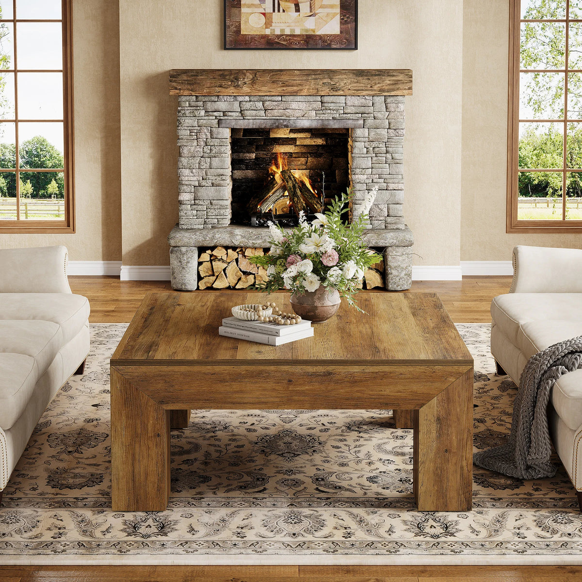 Tribesigns Farmhouse Square Wood Coffee Table With Sturdy Legs