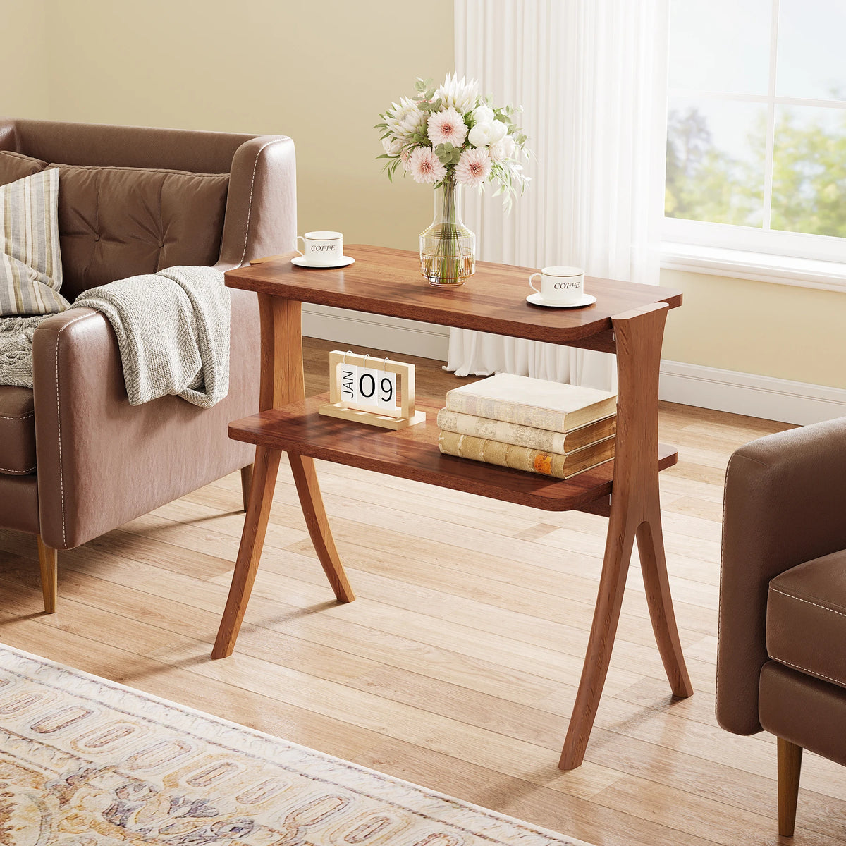 Tribesigns Walnut Side Table With Two Tier Storage Shelf