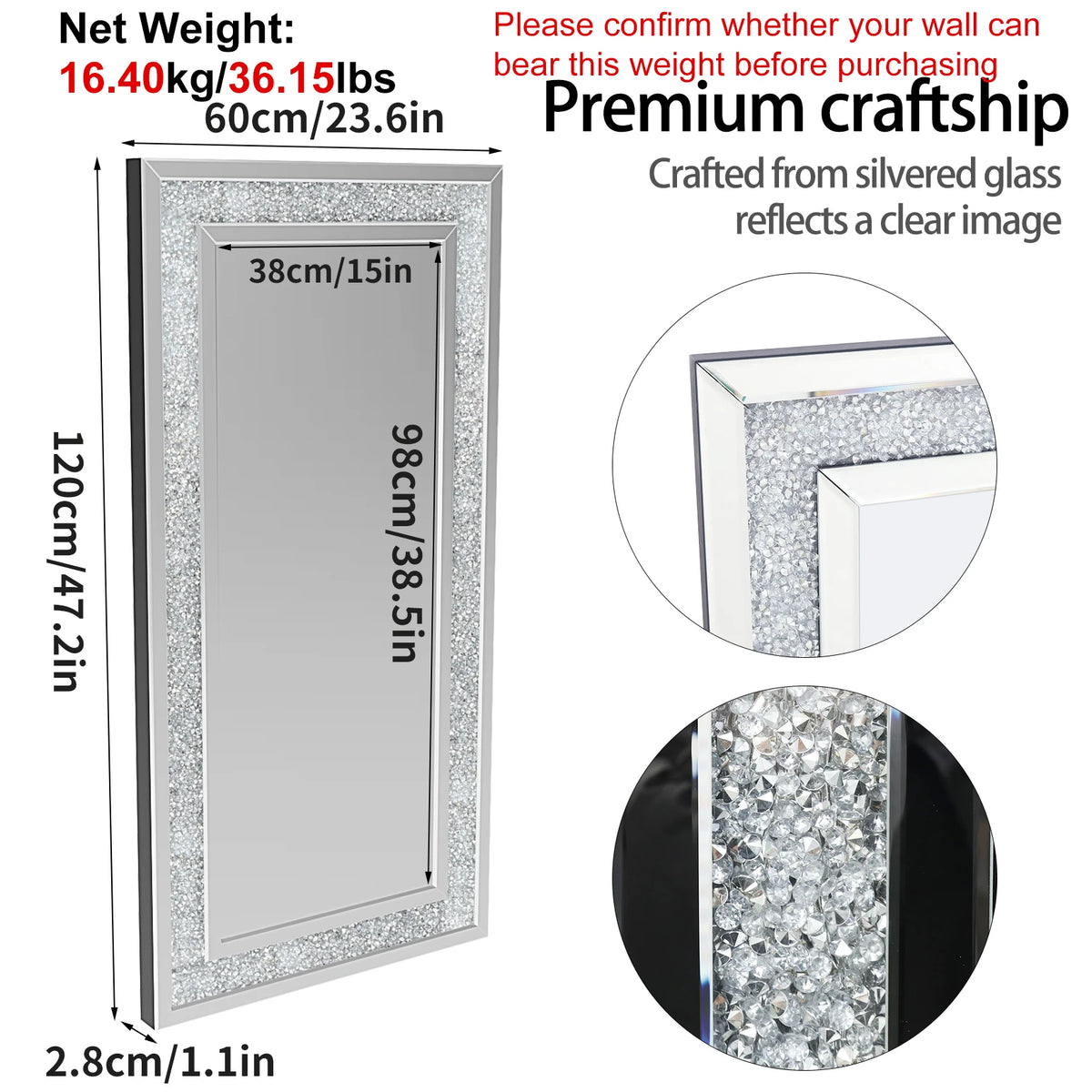 Premium Polished Wall Mirror Featuring Crystal Crush Diamond Design