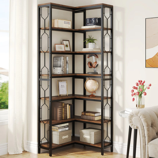 Tribesigns 7 Tier Industrial Corner Bookshelf Wood Metal Stand