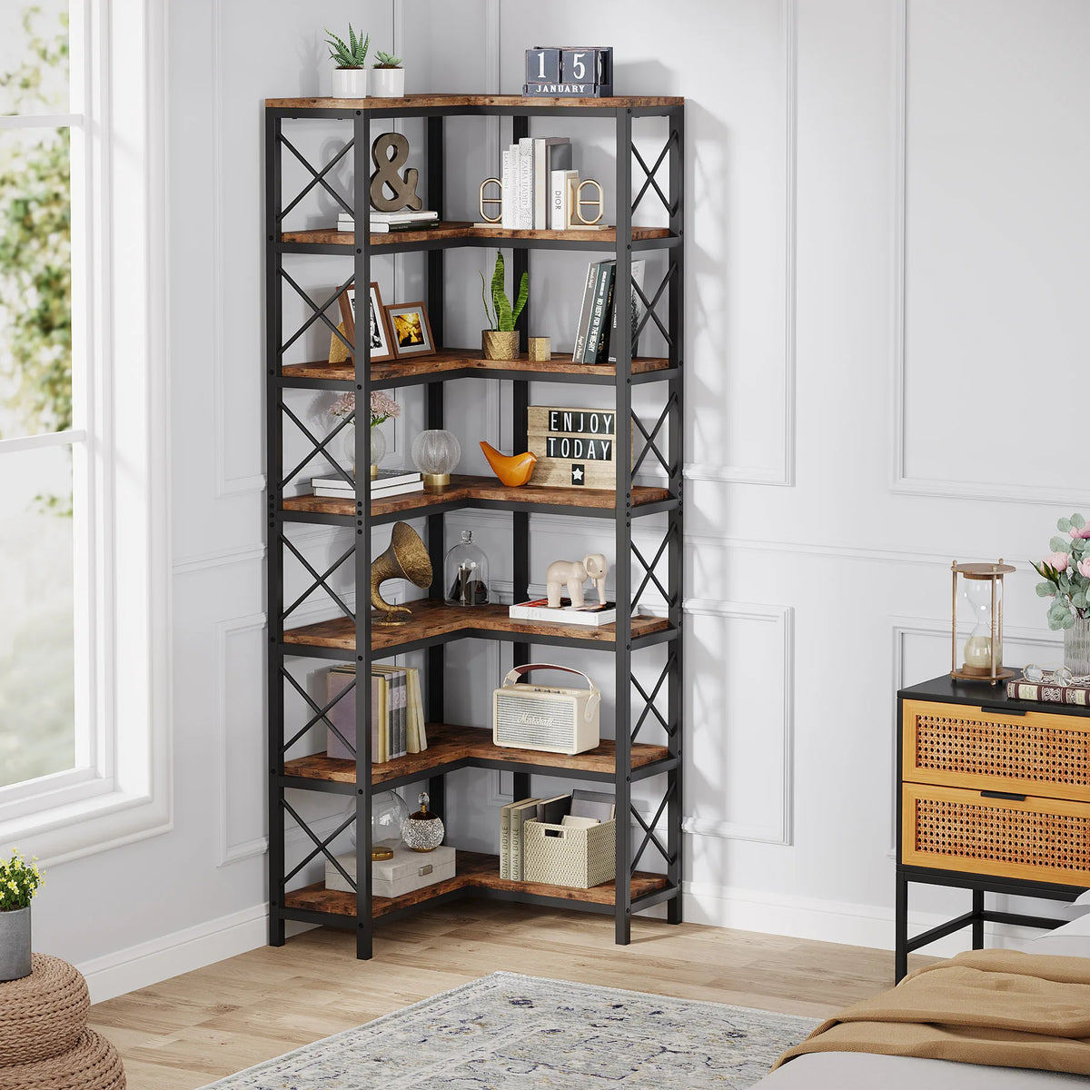Tribesigns Modern 7 Tier Corner Bookshelf Wooden Storage Rack