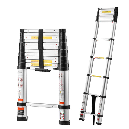 SucceBuy 12.5ft Telescoping Ladder One-Touch Retraction Ladder 330LBS Max Capacity with Non-Slip Feet for Home Outdoor Work Loft