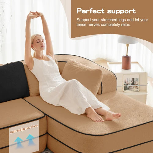 77.2" Teddy Fabric No Assembly 32D High Density sponge Boneless Sofa,Fluffy Comfy Couch with double Chaises,Sleeper sofa
