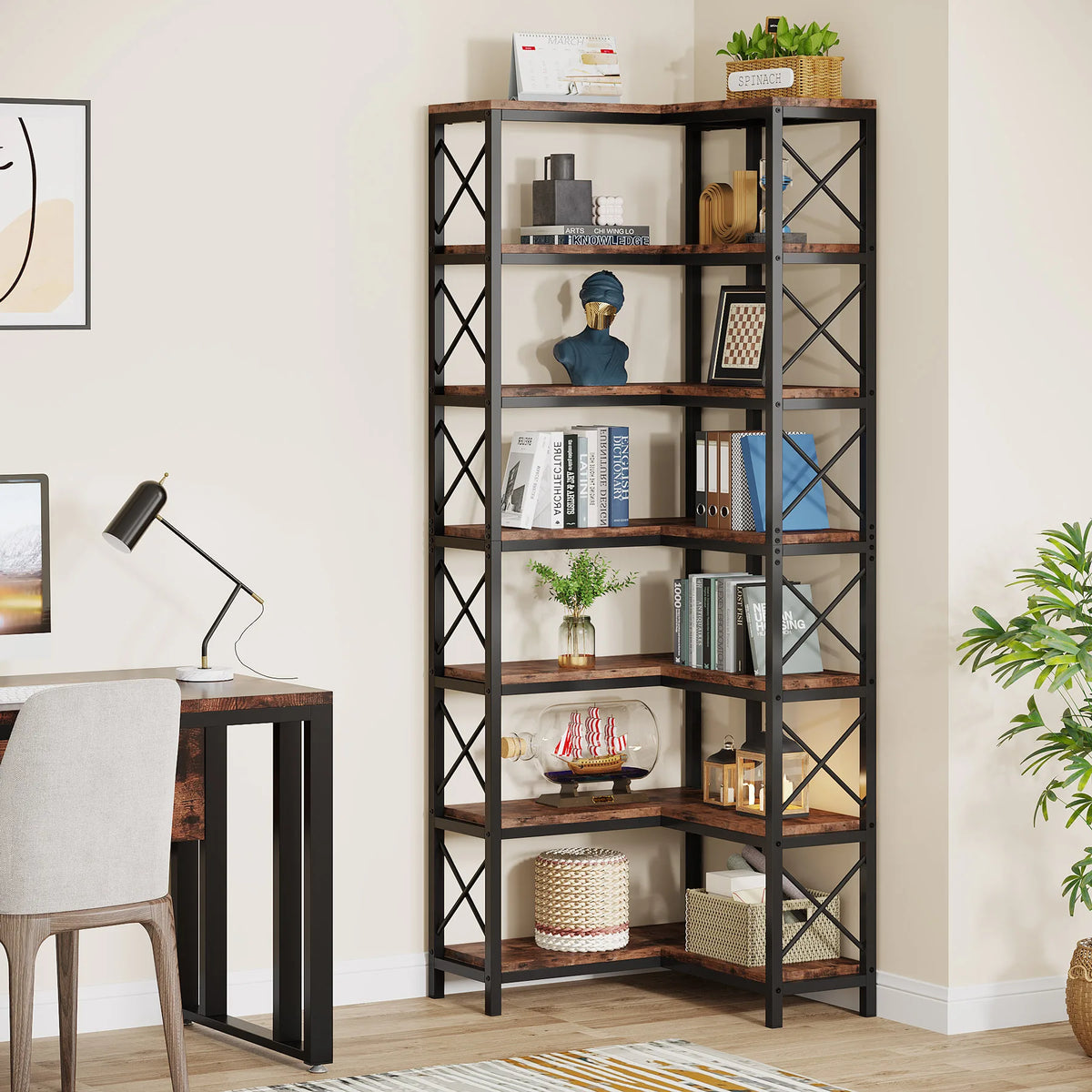 Tribesigns Modern 7 Tier Corner Bookshelf Wooden Storage Rack