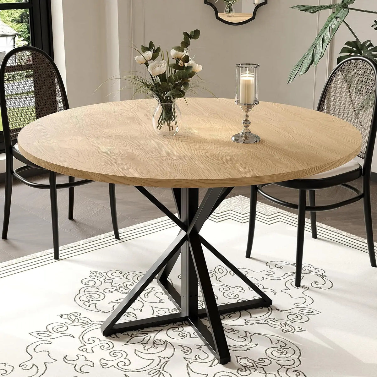 TWISTER.CK Modern Round Dining Table Wood Top Metal Pedestal