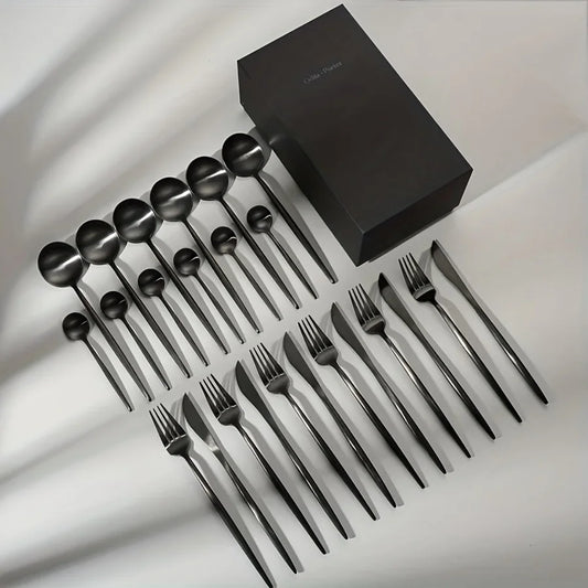 24-Piece Silverware Set for 6, Stainless Steel Flatware Set Matte Black , Modern Brushed Thick Cutlery Set with Spoons Forks