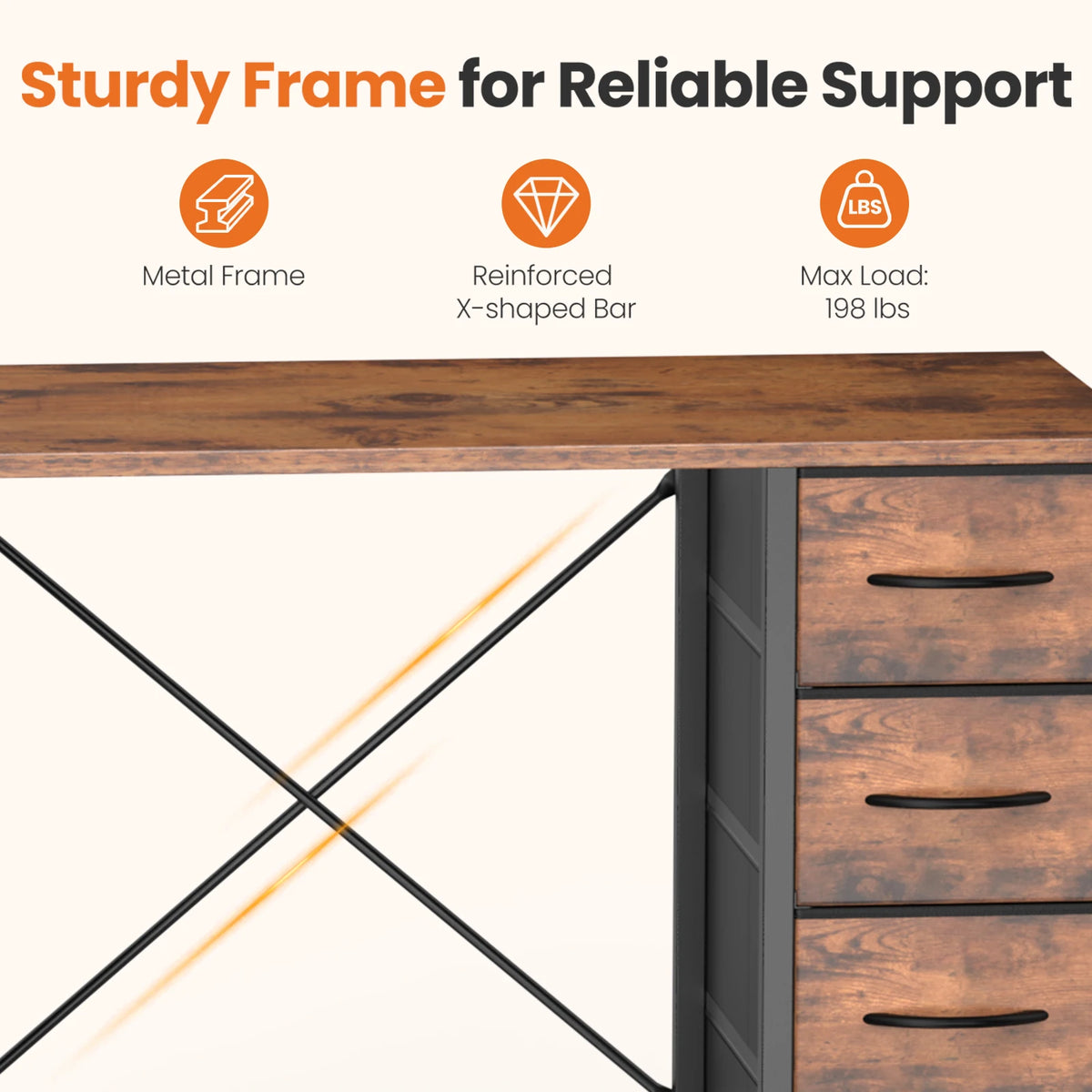 JHK 47 Inch Computer Desk with 8 Fabric Drawers Office Gaming Desk Writing Study Table with X-Shaped Reinforced Structure