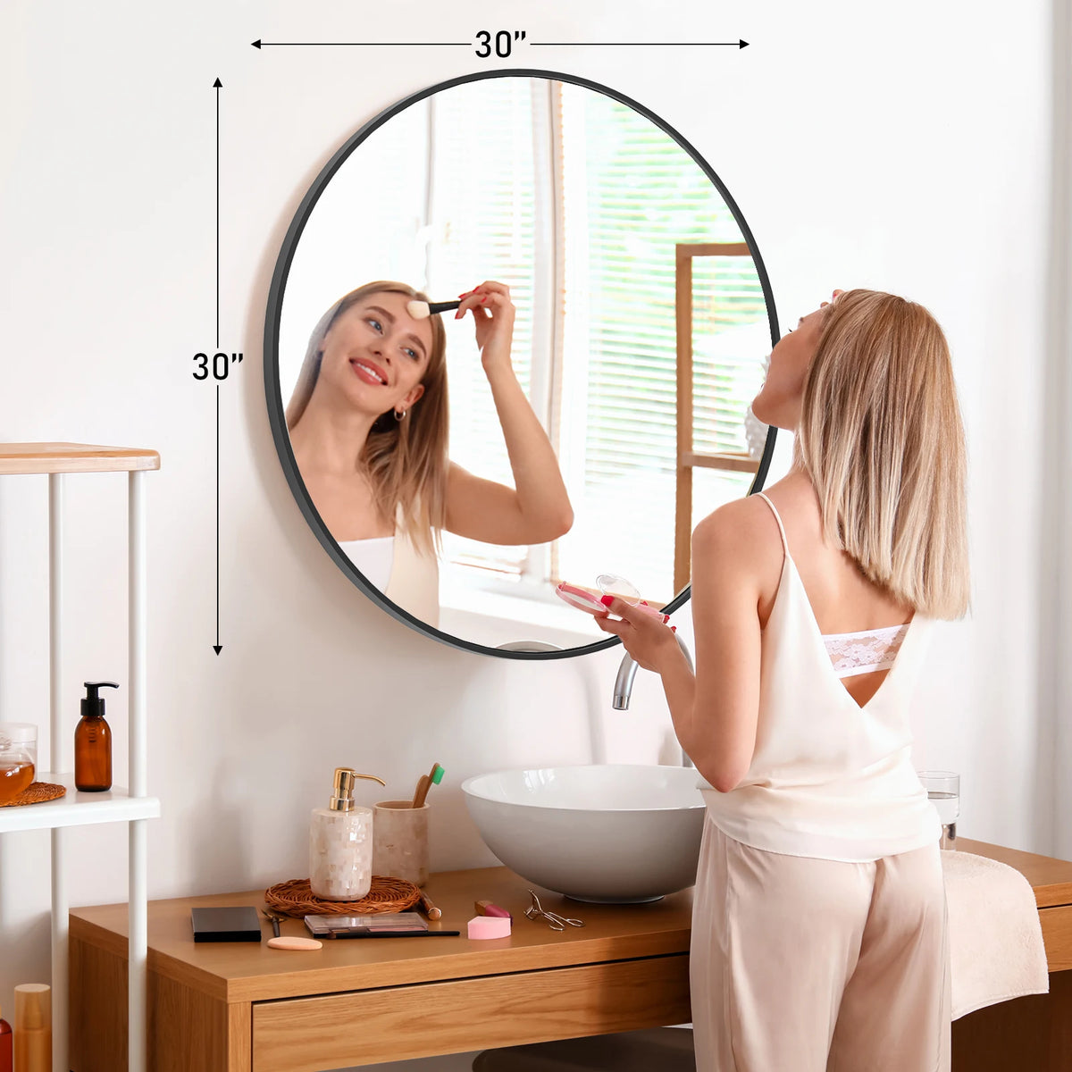 JHK Modern Round Wall Mirror With Sleek Matte Metal Frame