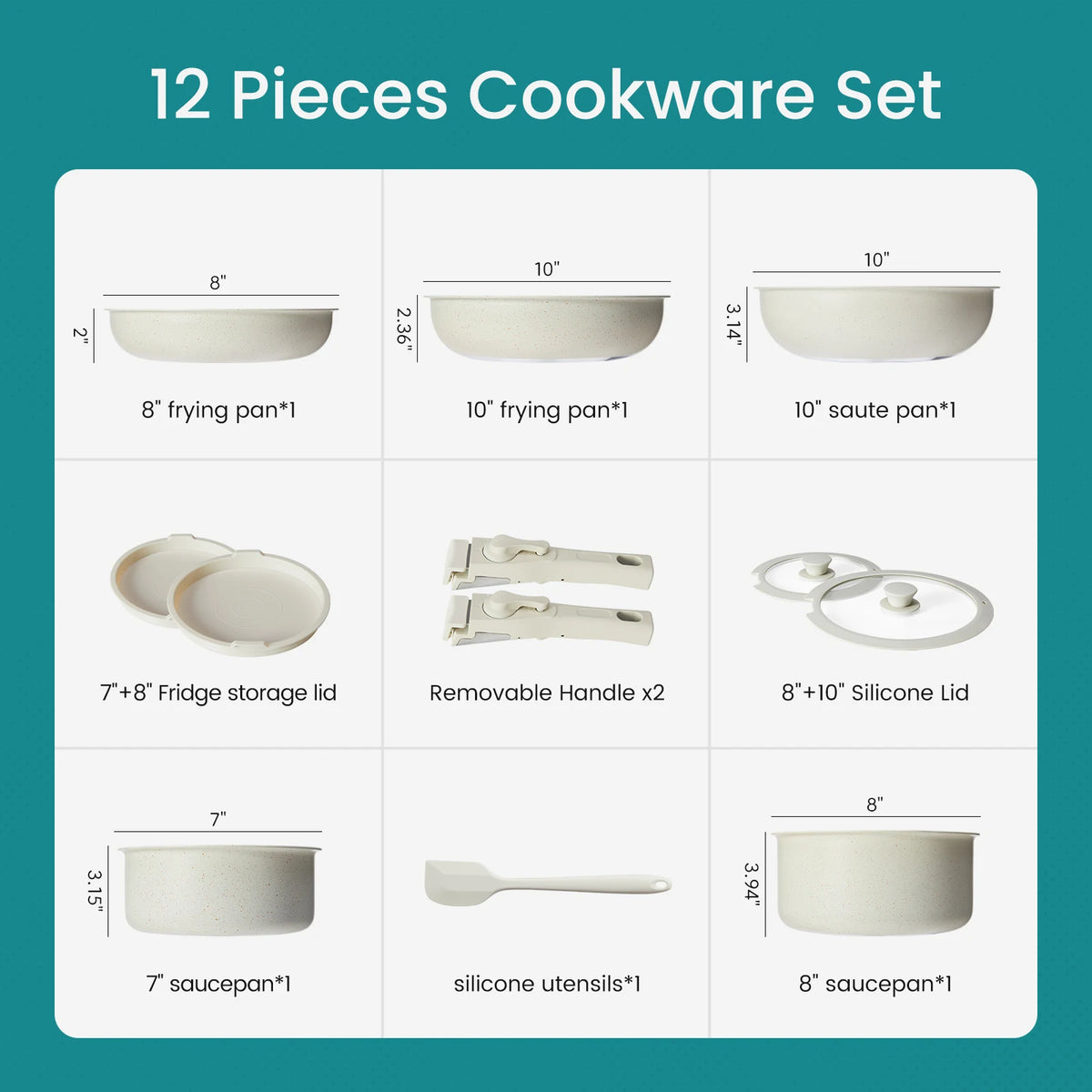 12-Piece Nonstick Pots And Pans Set With Detachable Handle