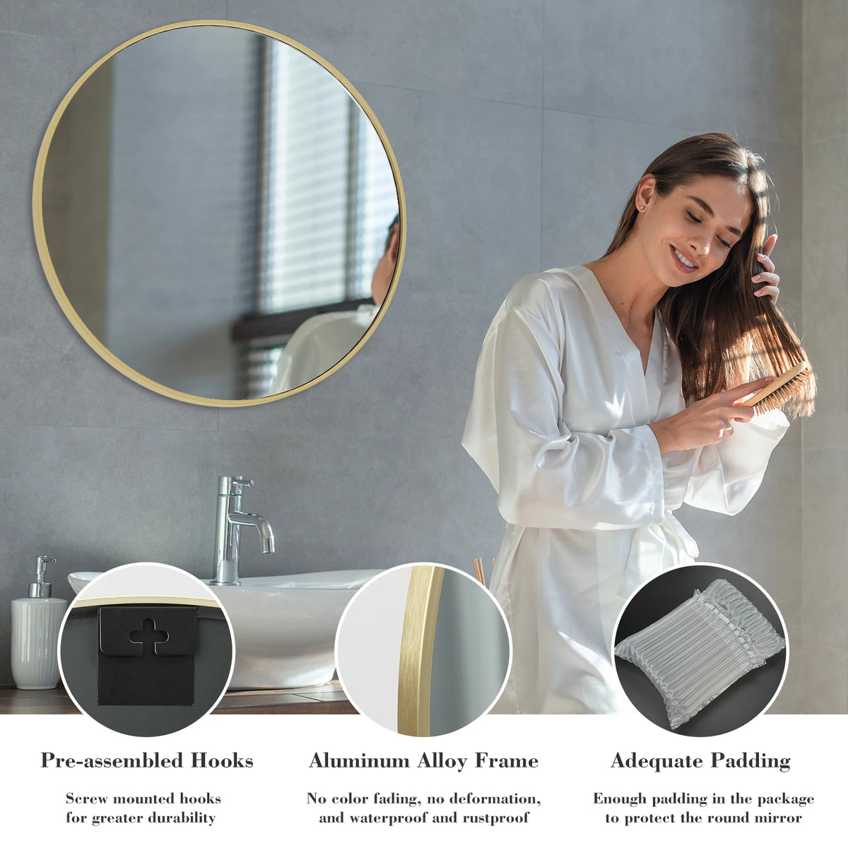 JHK Modern Round Wall Mirror With Sleek Matte Metal Frame