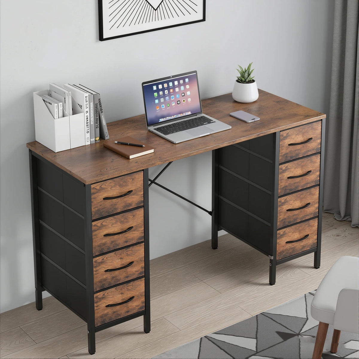 JHK 47 Inch Computer Desk with 8 Fabric Drawers Office Gaming Desk Writing Study Table with X-Shaped Reinforced Structure