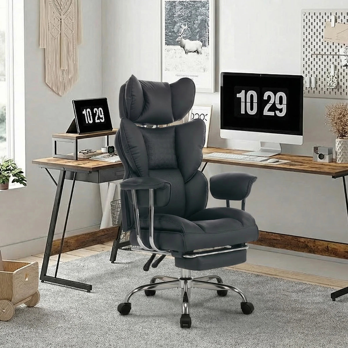 JHK Ergonomic Fixed Armrest Reclining Computer Chair with Pocket PU Leather 350 LBS Office Chair with Footrest Height Adjustable Swivel Wide Seating for Home Office