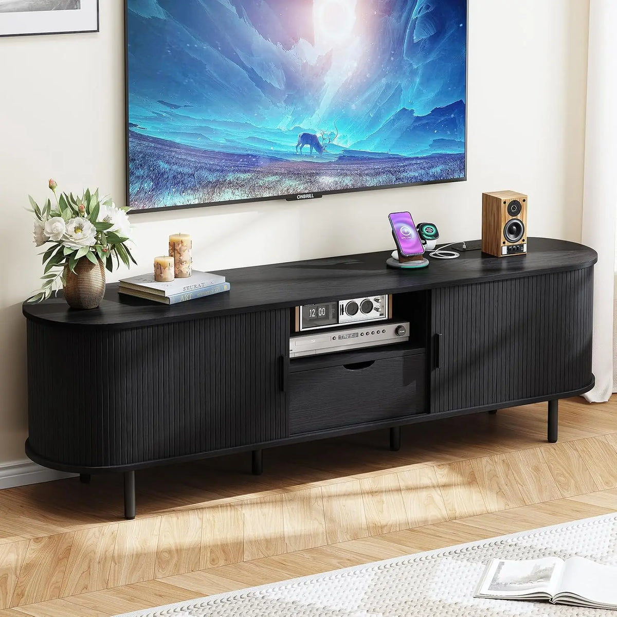 ONBRILL Modern TV Stand With Power Outlet Storage Drawer