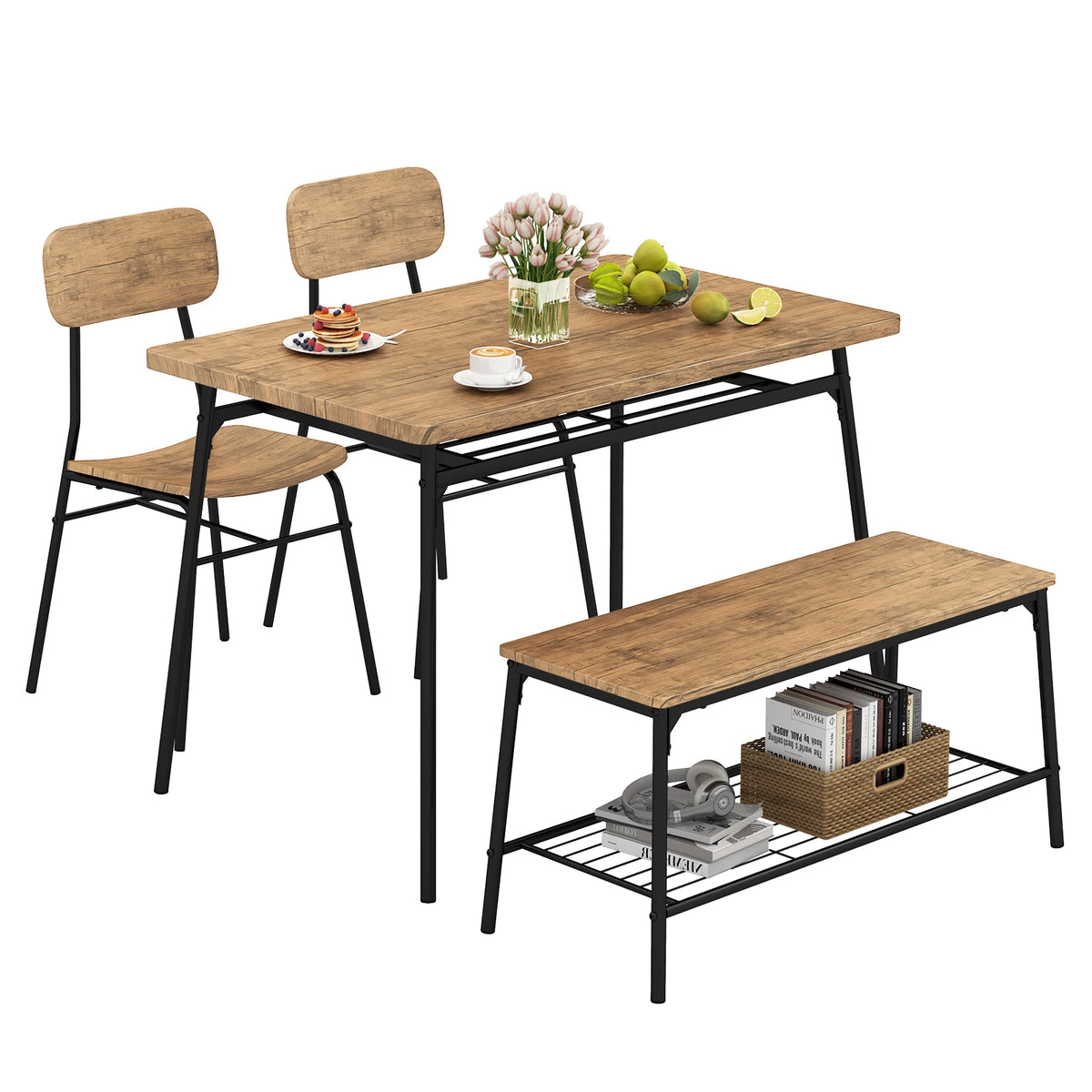 Dining Table Set for 4 Dining Room Kitchen Table w/ Bench 2 Chairs 4-Piece Set
