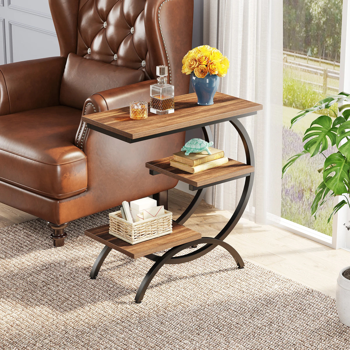 Tribesigns Industrial C Shaped Three Tier Metal End Table Desk